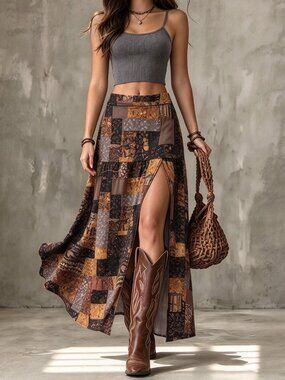 Brown & Coffee Brown Boho Women's Loose Fit High Slit Long Skirt
